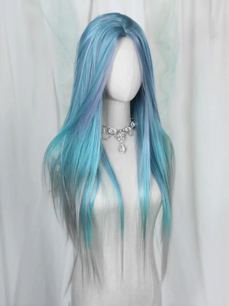 Mermaid Wig Ombre Blue Mixed Lilac, 30 Inch Long Straight Hair, Heat-Resistant Synthetic Wig for Women & Girls Cosplay & Daily Wear