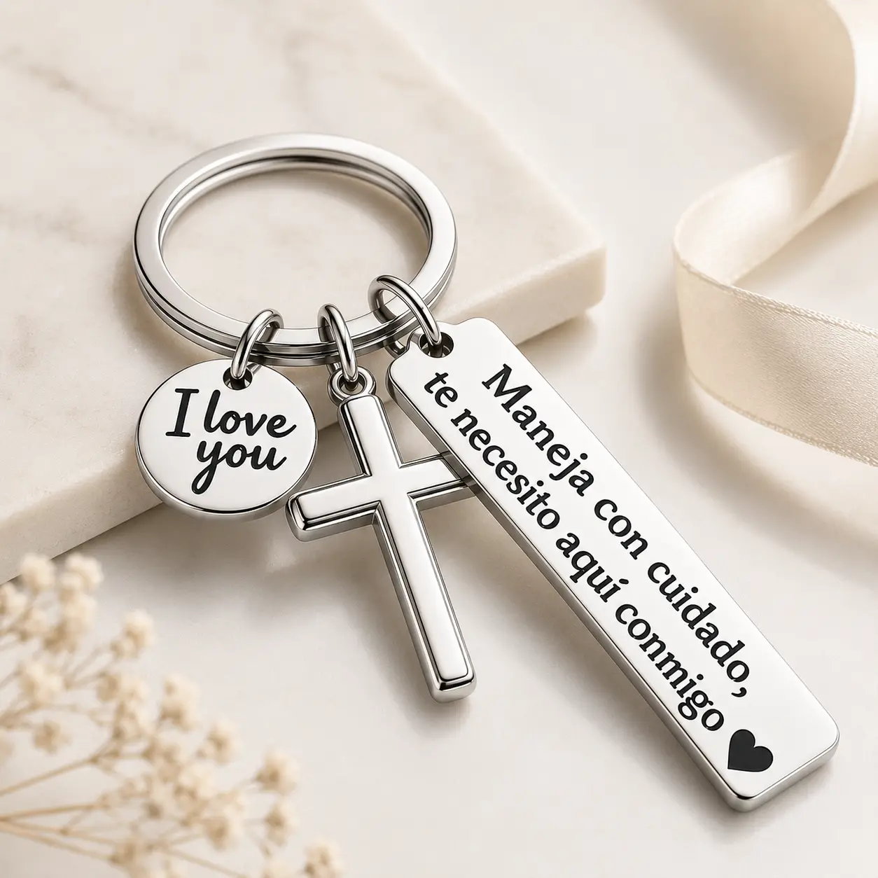 Stainless Steel Spanish Drive Safe Keychain - Engraved Sentimental Text, Black Cross, "I Love You" Charm, Adjustable Heart Rate Bracelet Set, Romance Couple Gifts for Adults, EDC Gear Automobile Gifts, Anniversary