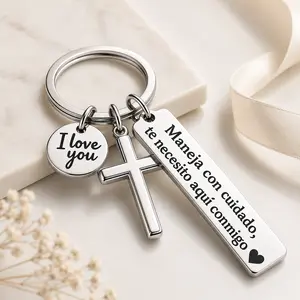 Stainless Steel Spanish Drive Safe Keychain - Engraved Sentimental Text, Black Cross Symbols, Christian Symbol, Cross Embellishment, "I Love You" Charm, Gender-Neutral Romantic Religious Gift for Couples (With Adjustable Heart Rate Bracelet Set), Black Cr