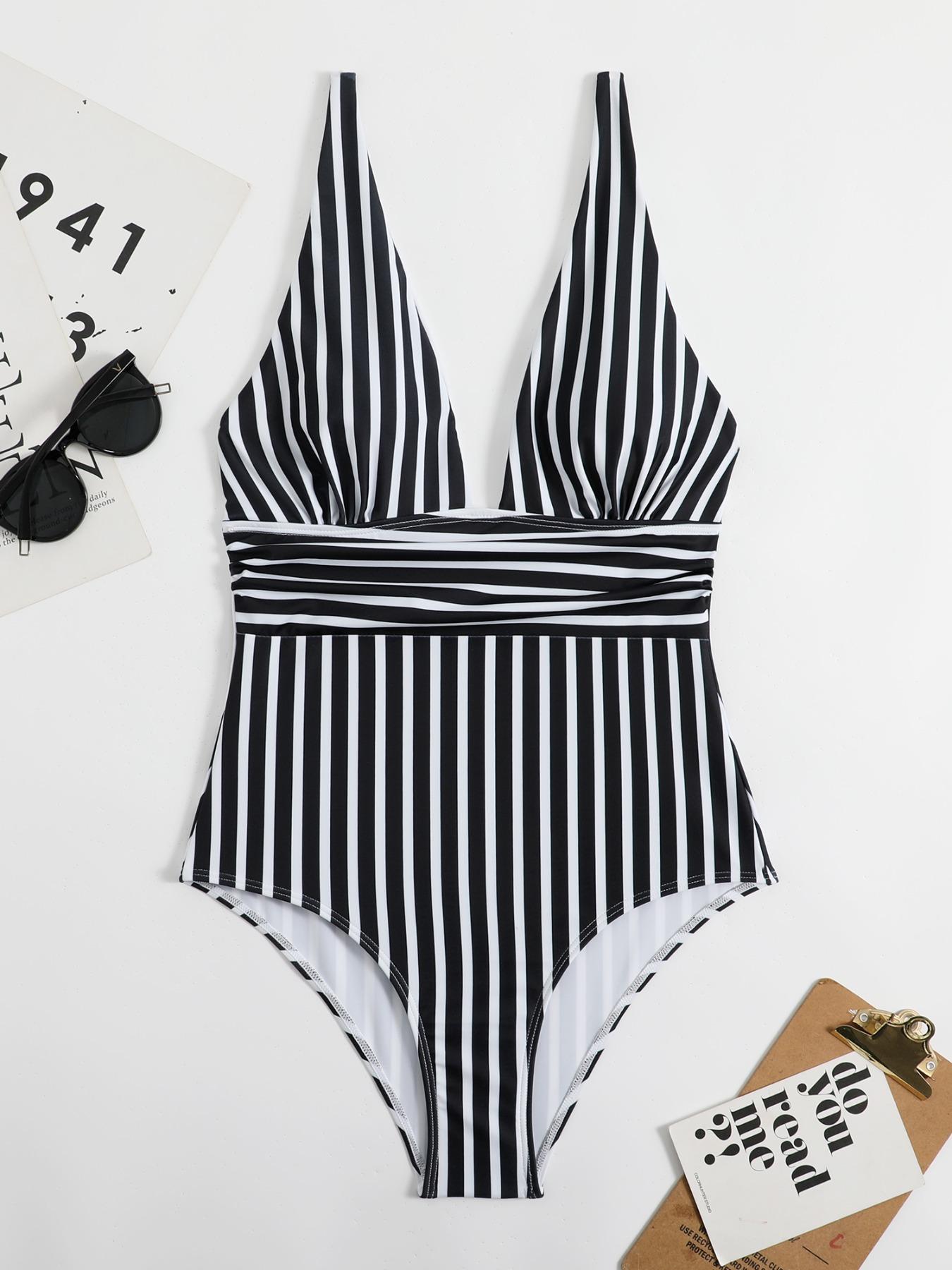 Women's Striped Print V Neck Backless Swimsuit, Summer Outfits 2024, Casual Adjustable Strap Swimwear for Summer, Ladies Swimsuit for Beach Holiday Vacation, Adjustable Straps Swimsuit