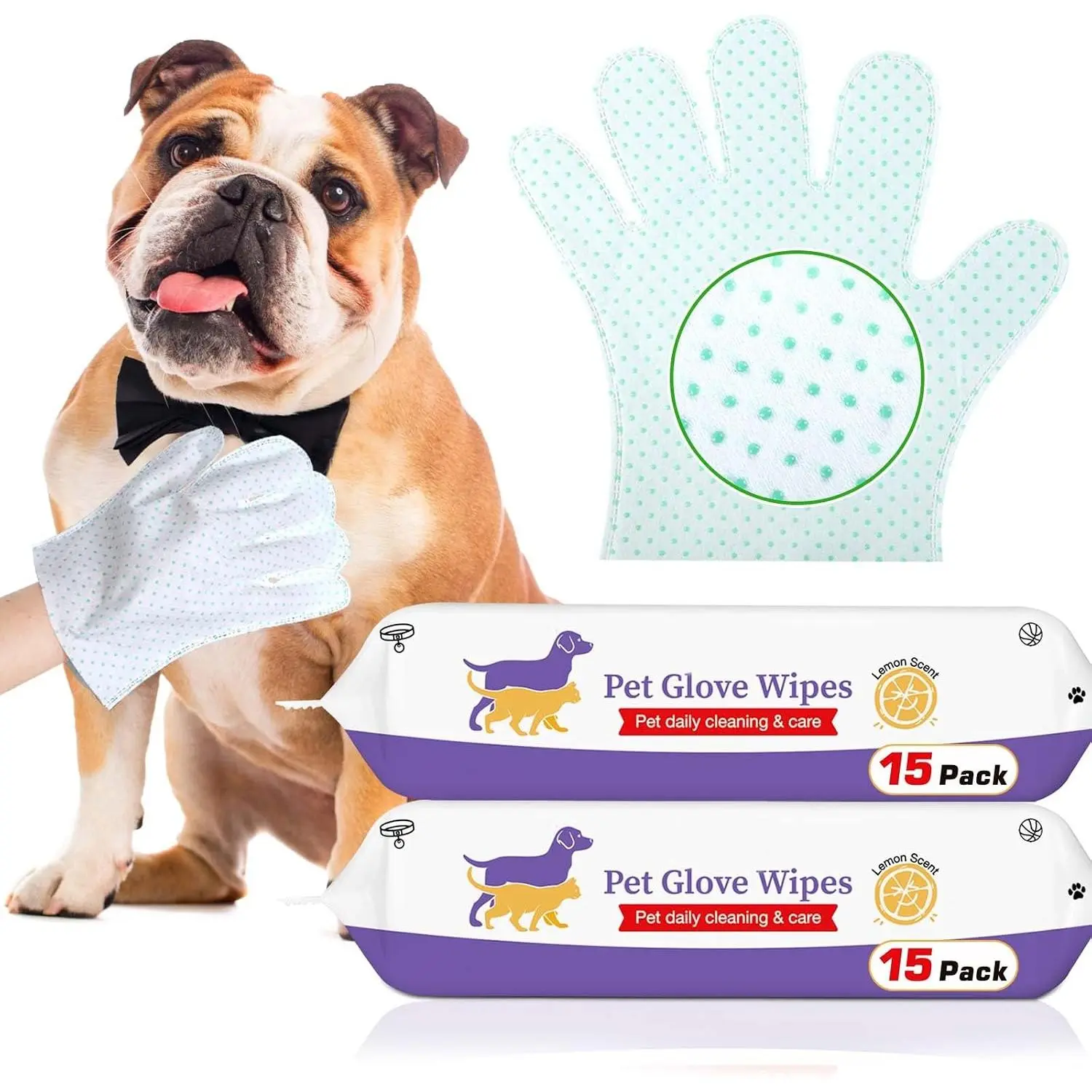 Dog Cleaning Gloves Wipes 30pcs Deodorizing Disposable Pet Grooming Bathing Gloves Extra Thick, No Rinse Shampoo Dry Cleaning Gloves for Dogs & Cats Paw Face Ear Fur and Butt