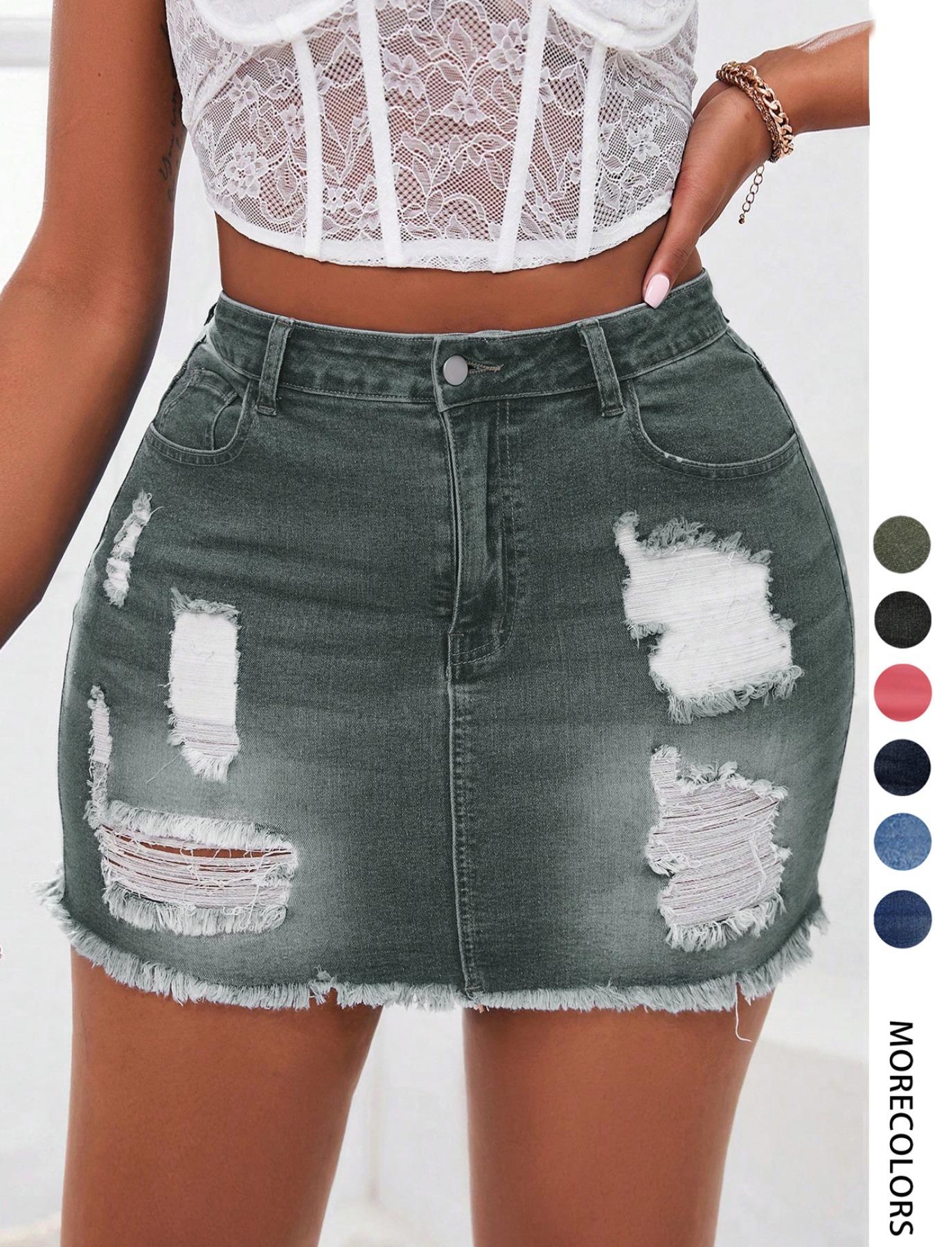 Women's Distressed Fit Denim Skirt, Fashion Casual Ripped Short Skirt with Button for Daily Outdoor Wear, Micro Skirt, Ladies Bottoms for Summer