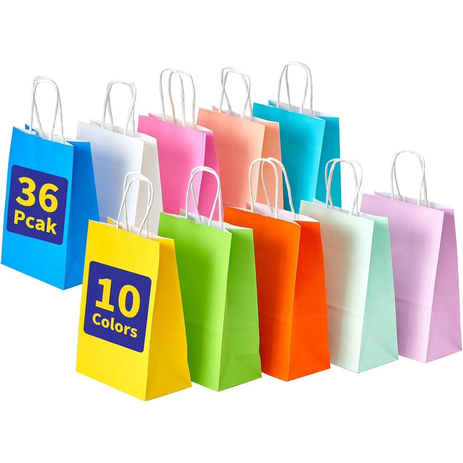 36-Pack Thick Kraft Small Paper Gift Bags with Reinforced Handles, 10-Color Set, 8.25"x5.8"x3.2" Office Wrapping Supplies for Birthday & Classroom Events, Default