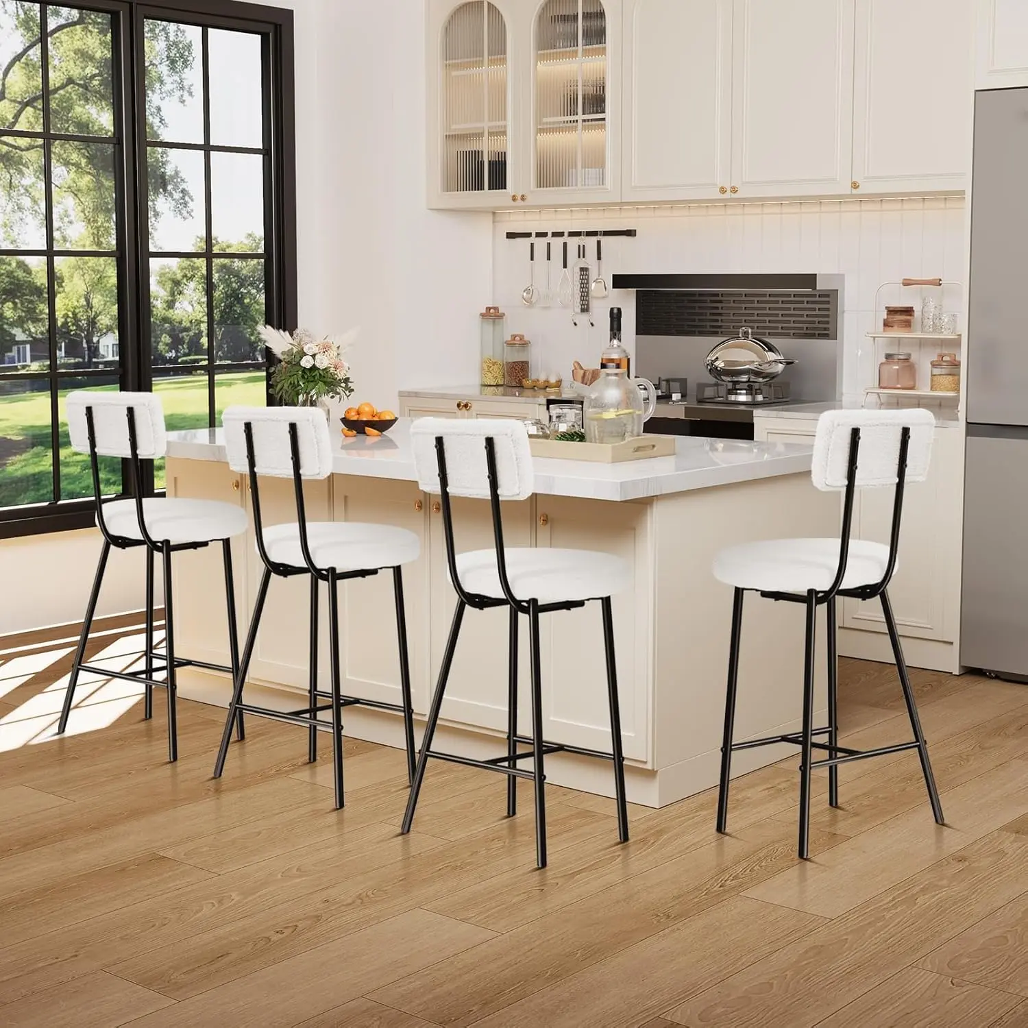 🪑 4-Piece Modern Bar Stools – Round Lambswool Seat, Black Metal Legs, Back & Footrest for Kitchen Island, Dining Room & Cafe! ✨