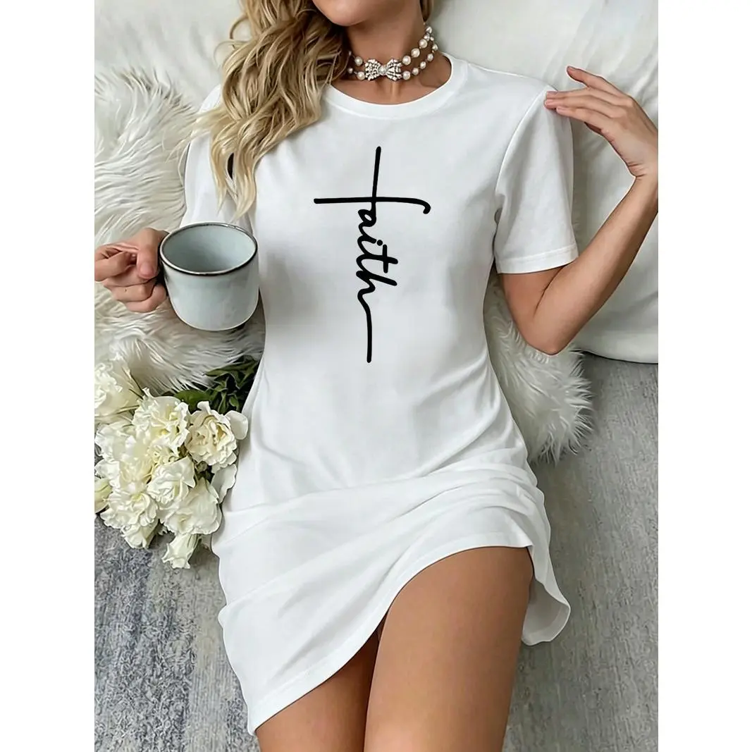 Women's Minimal Vertical Faith Cross Cursive Slogan Graphic Print T-Shirt Dress, Streetwear Spandex Crew Neck Short Sleeve Oversized Loose Hem Lightweight, Nightwear Loungewear Casual Mini