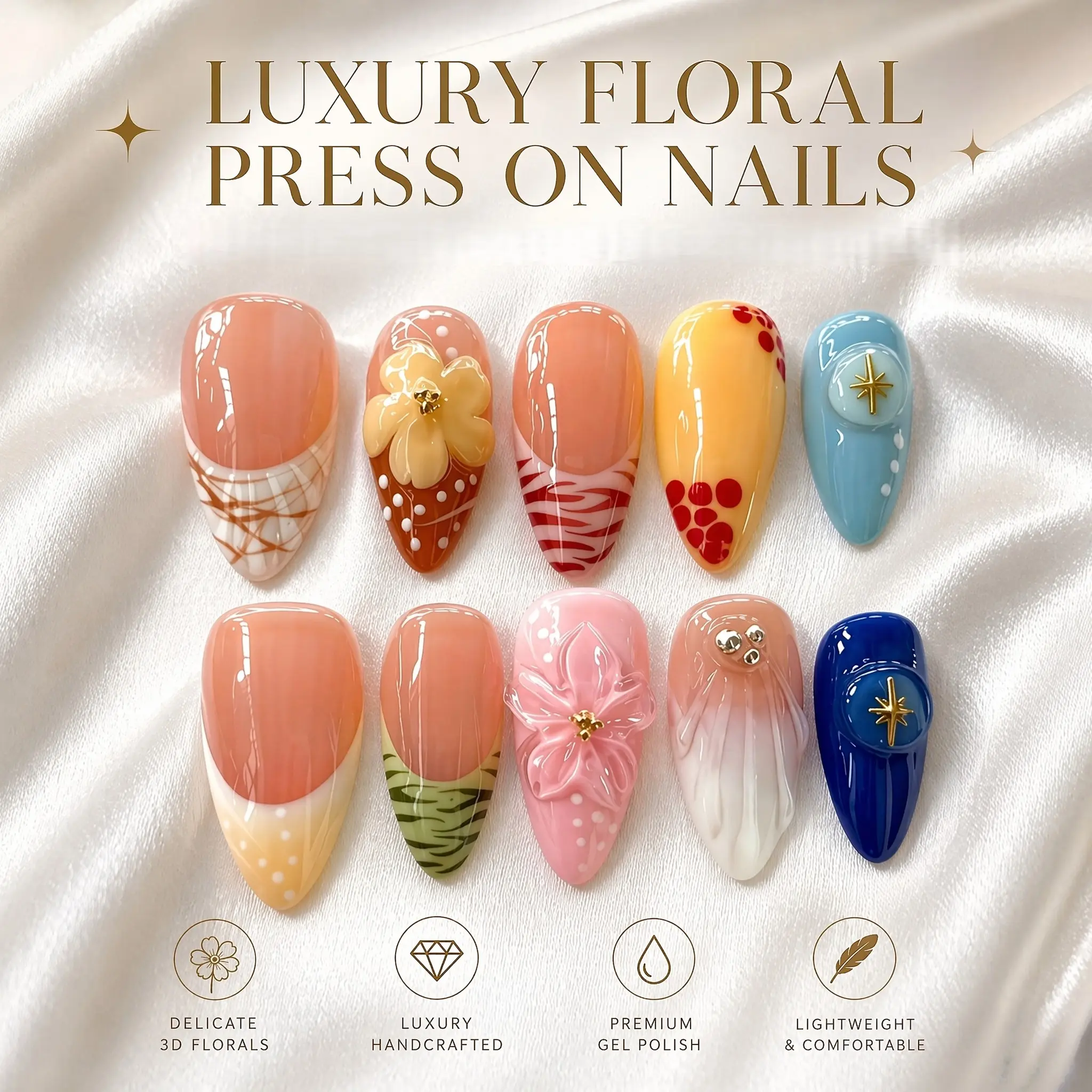 10Pcs Handmade Y2K Press on Nails, French Tips Nails, Summer Nails – Almond Shape 3D Flowers with Multi-Color Gradient French Tip, Acrylic False Nails, Summer Reusable Nail Art Kit for Parties Daily Wear Gift for Her Viral Nails
