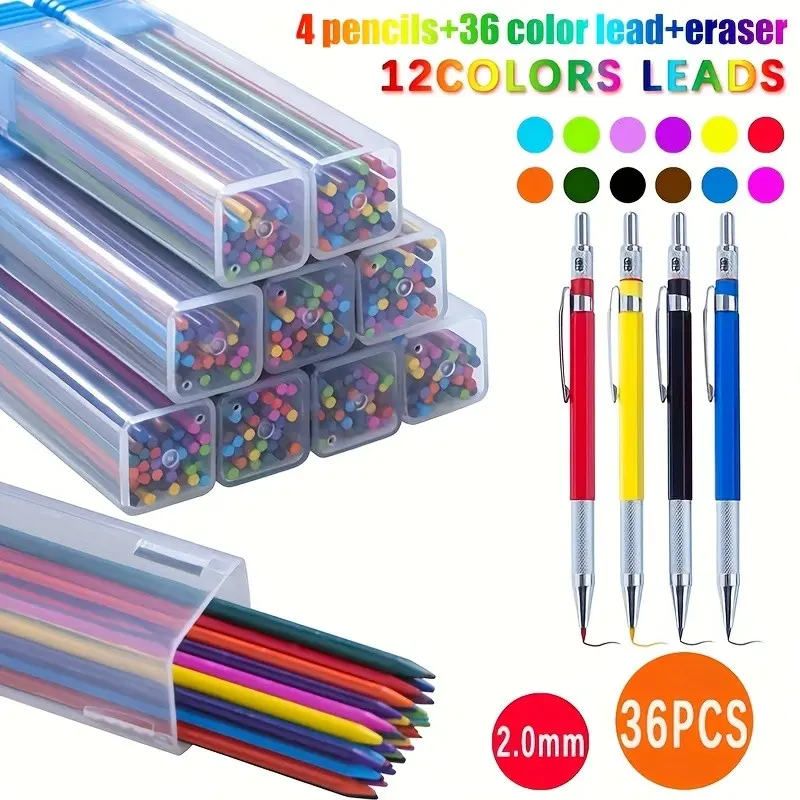 6pcs/set 2.0mm automatic pencil set, HB pen lead is not easy to break, equipped with eraser to eliminate errors, very suitable for sketching, art drawing, drawing tools, stationery writing tools, office stationery supplies