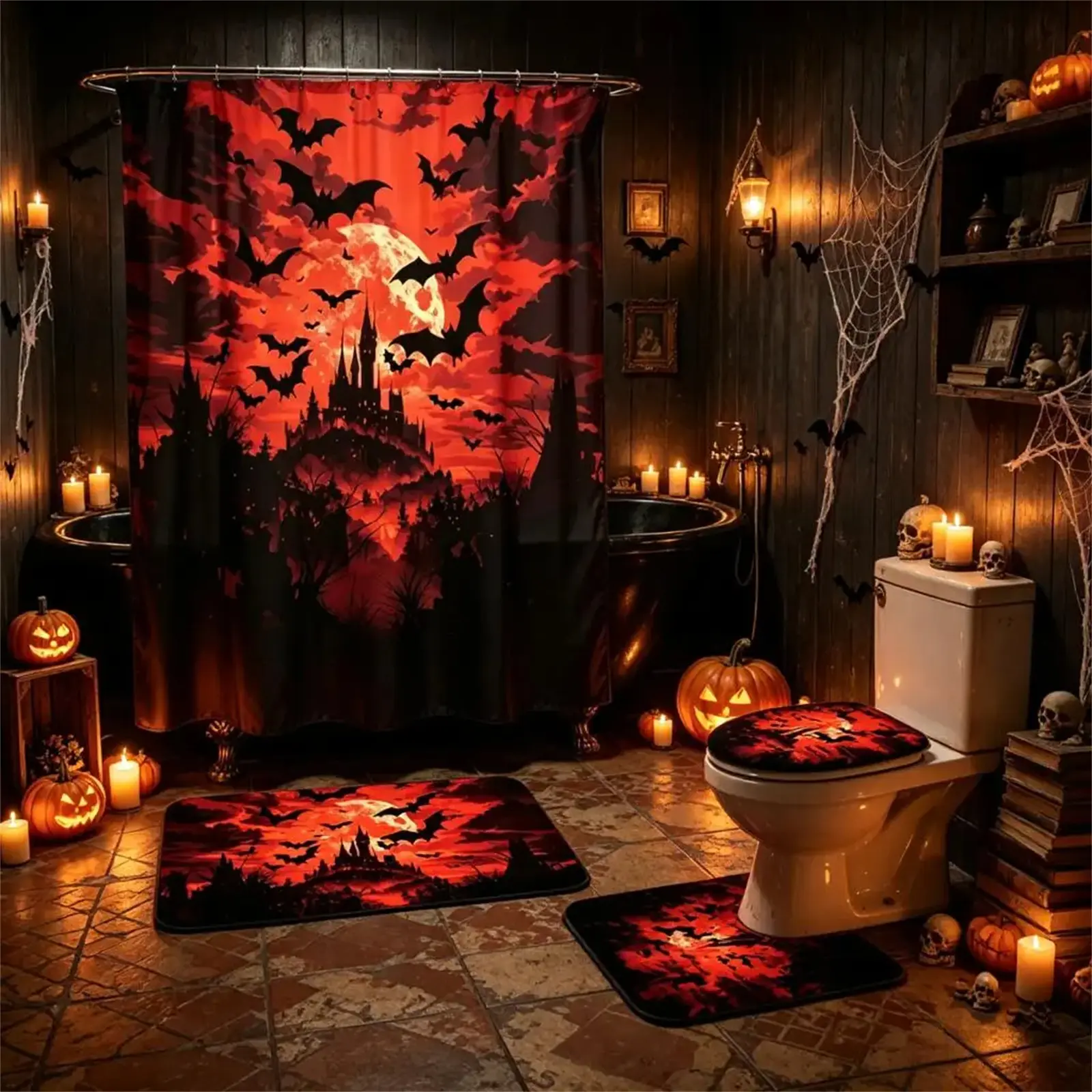 Gothic Horror Home Bathroom Decor Set, Red Night Vampire Castle 4 Piece Shower Curtain and Rug Kit, Water Resistant Shower Curtain, Soft Flannel Floor Mats, Creepy Bat Scenery Indoor Bathroom Ornament,Dark Horror Gothic Home Decor, Novelty Halloween Gift