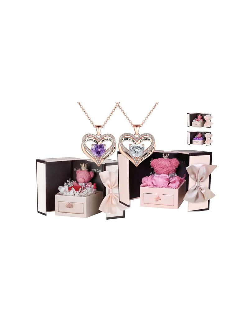 Summer 2024 Rhinestones Heart Shaped Pendant Necklace with Red Immortal Flower & Bear Gift Box, Fashion Teen Girl Accessories for Party, Daily Clothing Decor