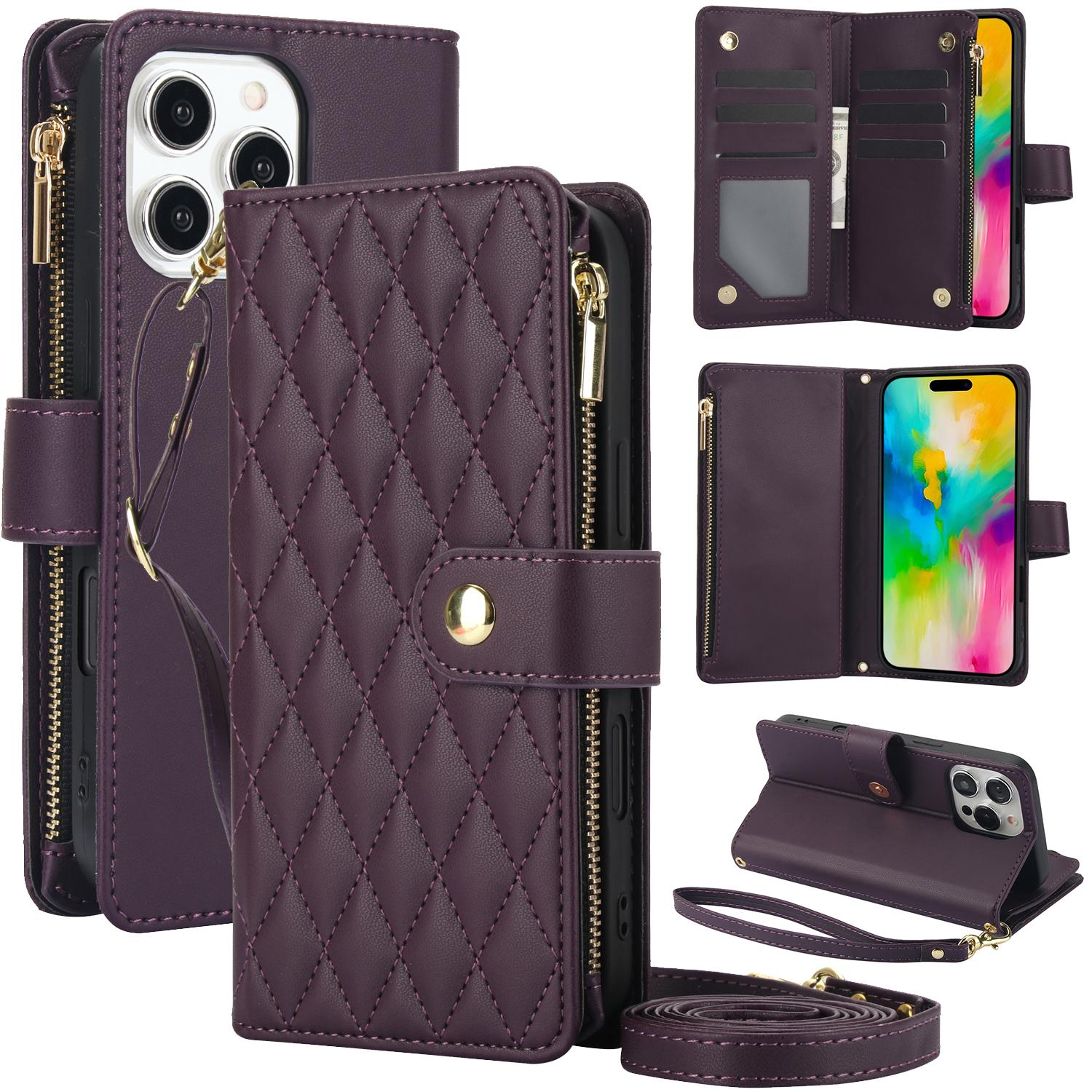 Quilted Pattern Phone Case with Card Holder, Adjustable Crossbody Zipper Purse Case with Kickstand and Detachable Wrist Strap, Flip Folio Case for iPhone 17 Air/16e/16/15/14/13/12/11 Pro Max