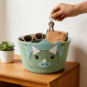 [AURA & LSlE] Cute Dinosaur Woven Storage Basket - Green Rope Trash Basket, with dinosaur face and mint green scales, soft fabric organizer, suitable for rooms, toys, books, clothing, sturdy wicker-like basket, used for home decoration, shelf basket