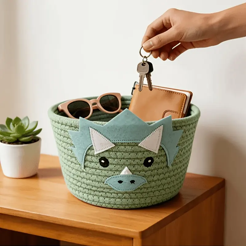 [AURA & ISLE] Classic Cute Dinosaur Woven Storage Basket - Green Rope Soft Fabric Toy Organizer, Sturdy Wicker-Like Build, Mint Green Scales, Dinosaur Face, Handle, Space-Saving Multifunctional Home Supply for Easter, Toy & Book Storage, Toy Organizer Sto