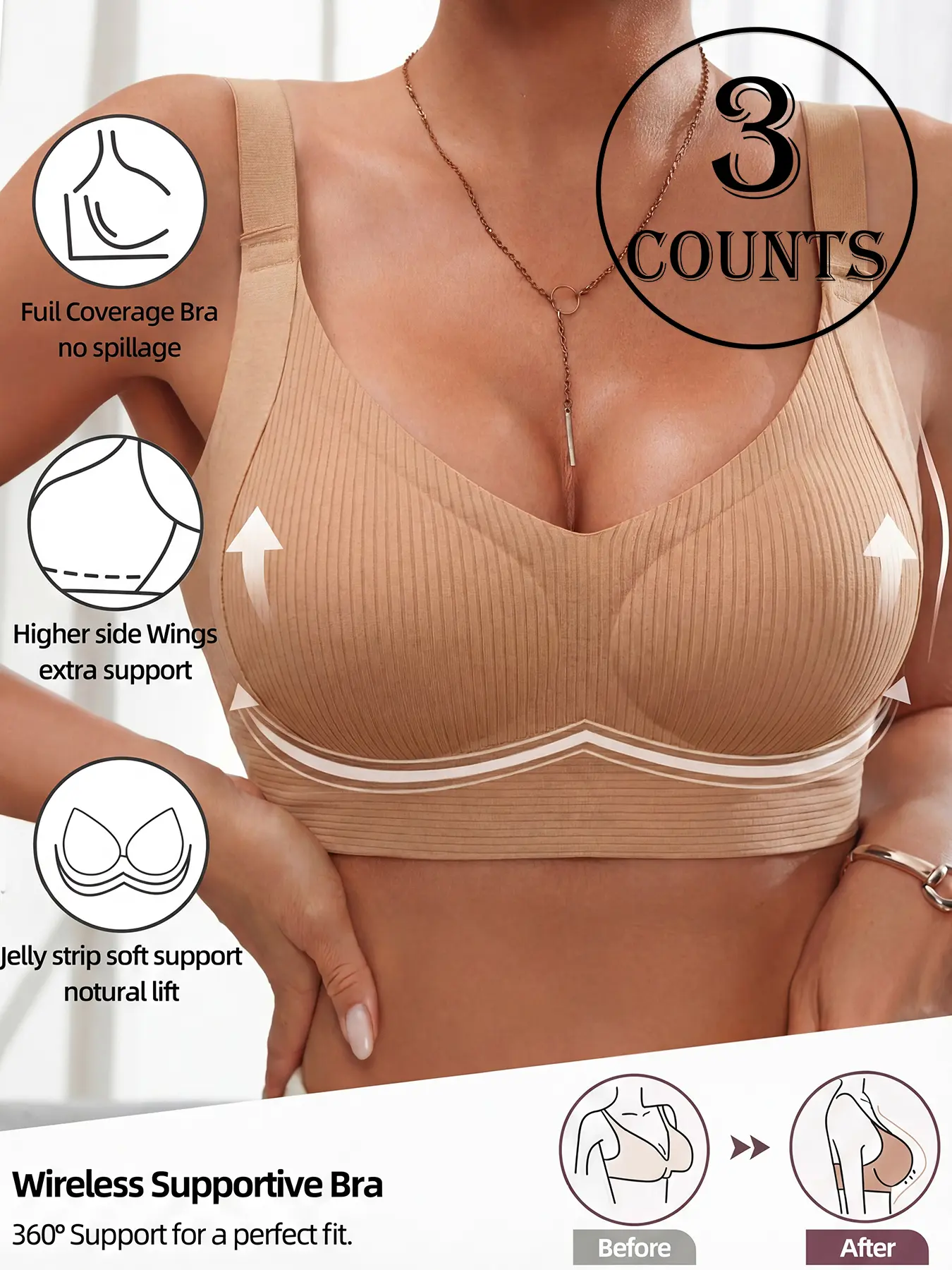 Solid color ribbed seamless underwear, lift-enhancing women's gathering bra with adjustable wide straps, shaping, stylish and comfortable, padded back buckle design
