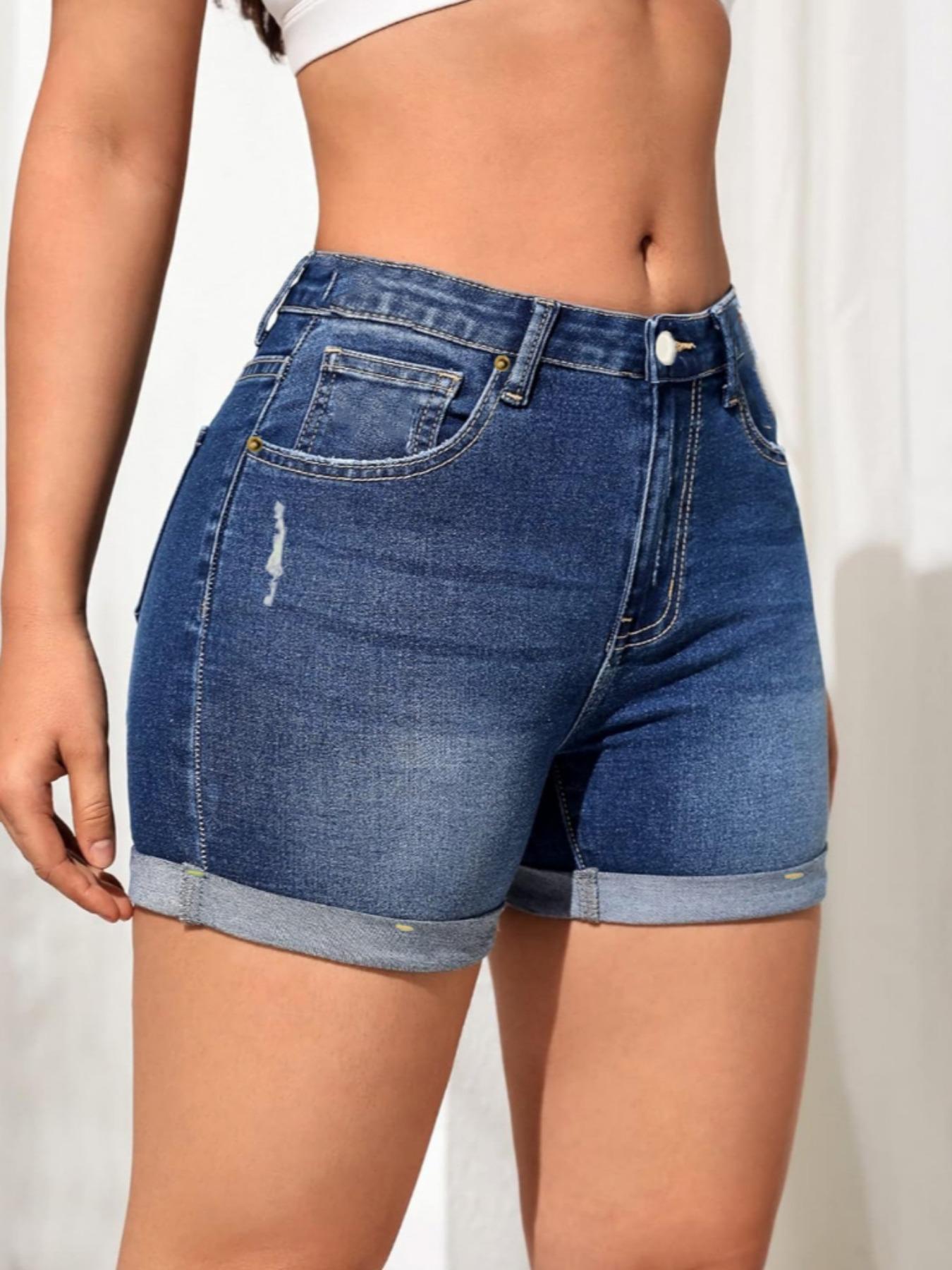 Women's Ripped Pocket Denim Shorts, Casual Stretchy Denim Shorts for Daily Wear, Ladies Bottoms for Summer, Womenswear