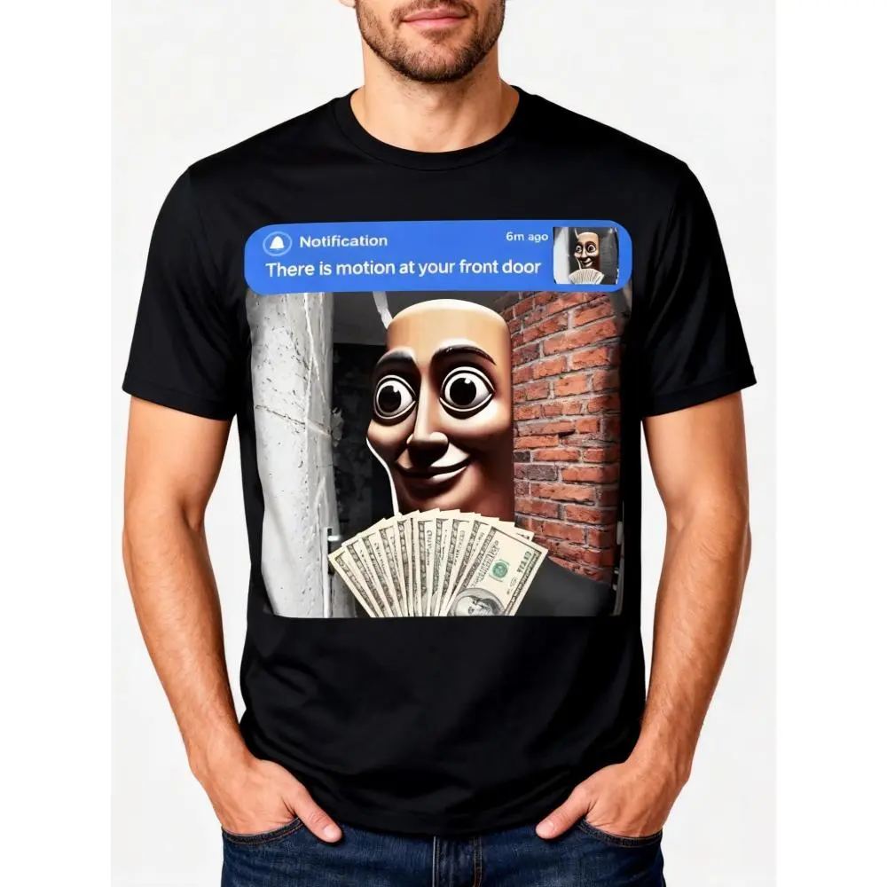 Short-Sleeve Graphic T-Shirt - Round Neck, Casual Streetwear Sports Top with "There is Motion at Your Front Door" Memetic Quote, Front Graphic Tee,Tung Tung tung Sahur Black Crewneck Menswear Shortsleeve