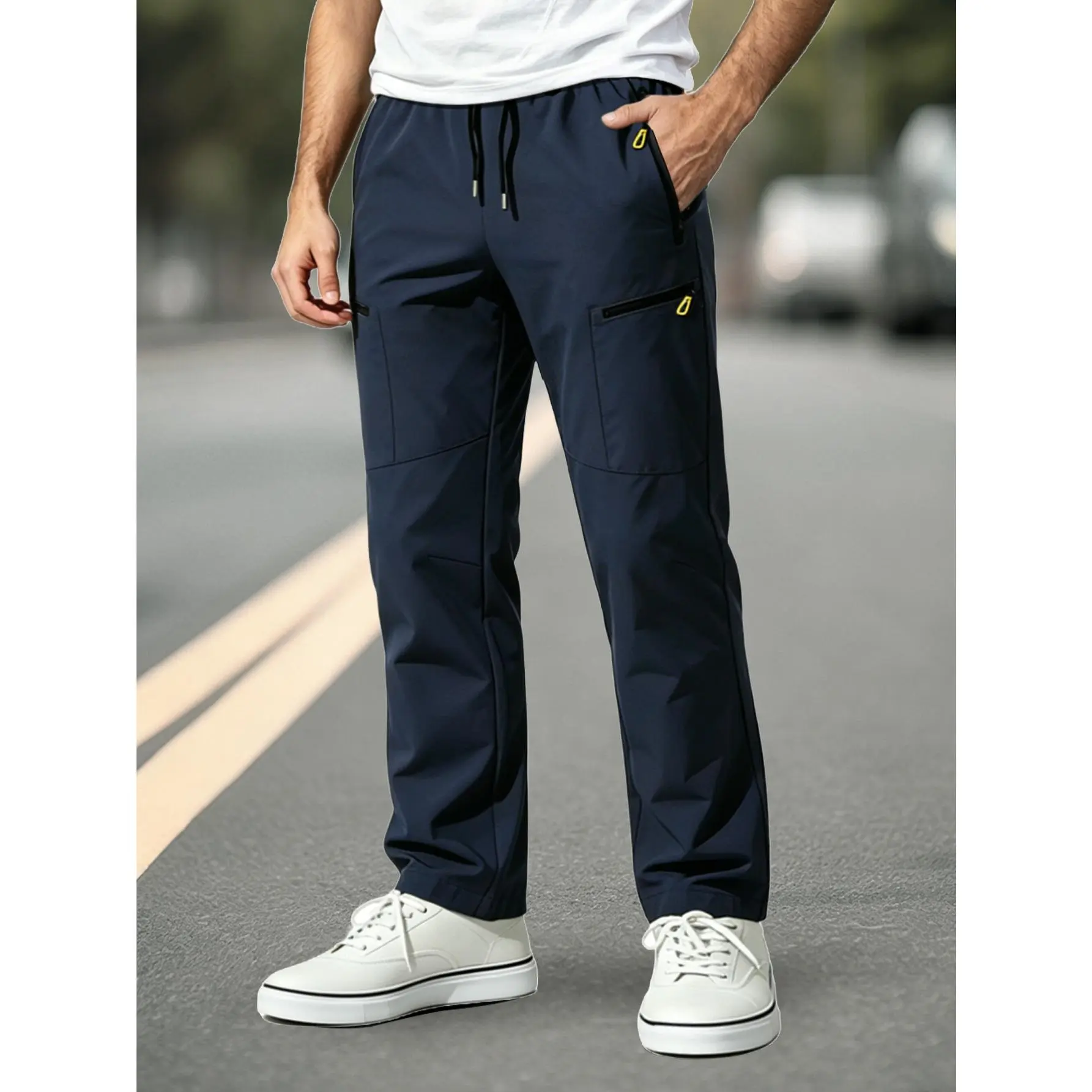 Men's Lightweight Straight Leg Pants, Boyfriend Style With Zipper Pockets, Solid Color Drawstring Waist, Comfortable Breathable Suitable For Outdoor Activities, Casual Wear, Street Fashion, Retro, Vacation, Country, Hip-Hop