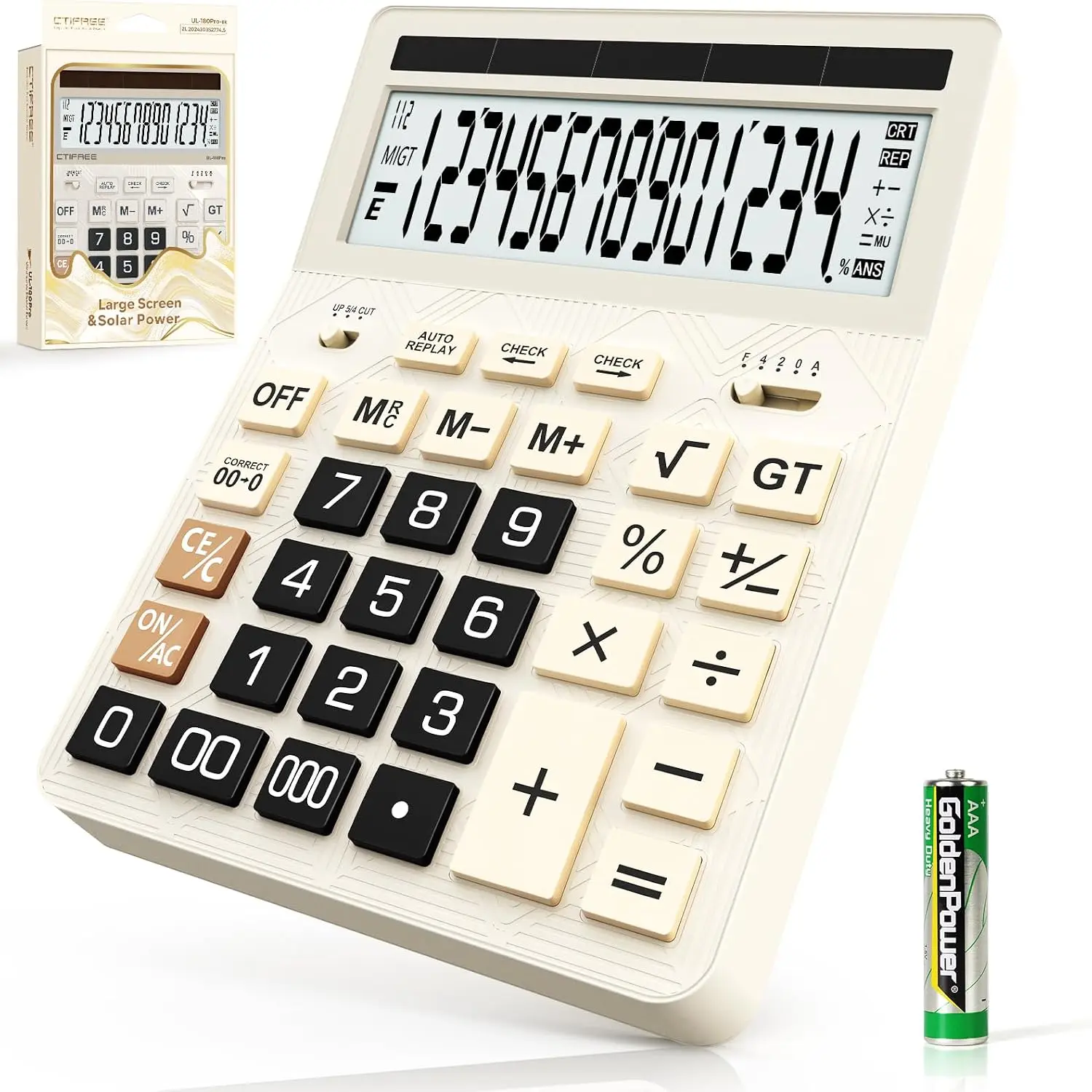 Calculators Desktop, 2026 Upgrade 14 Digit Large Size Calculator with 5-Inch LCD Display and Solar Power, Office Calculator for Desk (White)