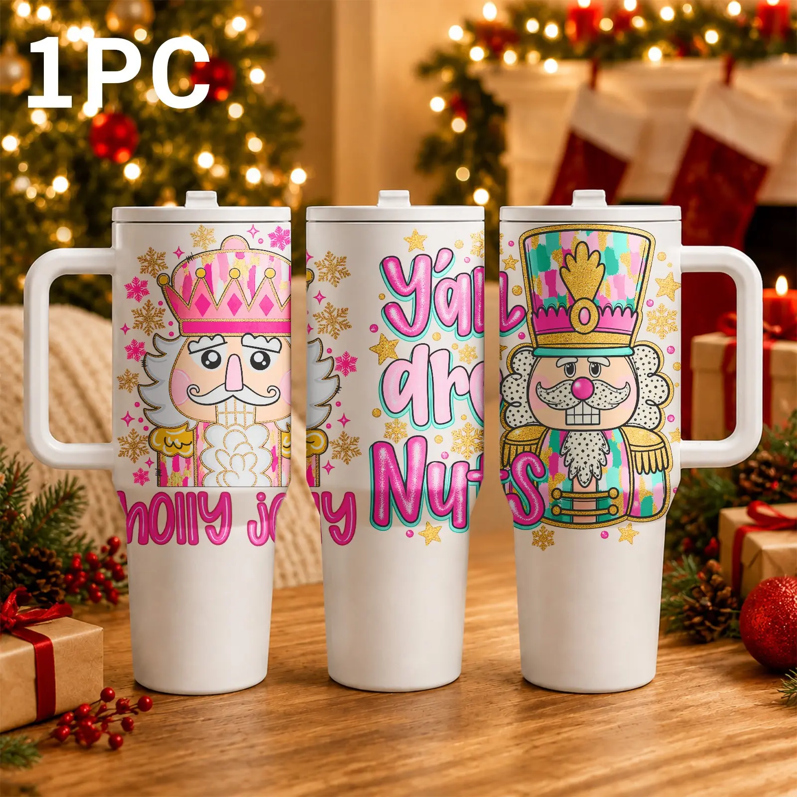 1 PC 40oz Christmas Nutcracker Tumbler with Handle & Flip Straw, Stainless Steel Vacuum Insulated Travel Mug, Vacuum Thermal Cup, Reusable Large Capacity Cup for Cold & Hot Drinks, Car Cup Holder Friendly, Holiday Gift for Women, Christmas Drinkware