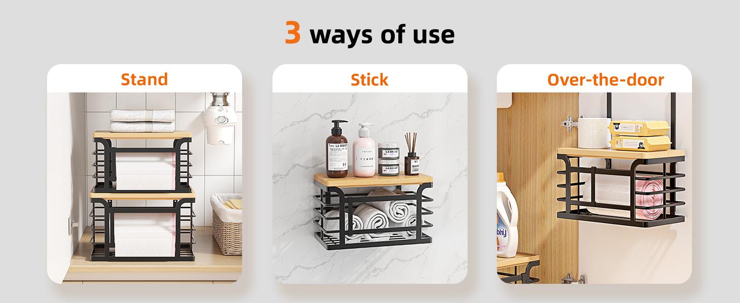 2 Pack Stackable Trash Bag Holder with Bamboo Top, 2025 Pro Wall Mount Laundry Room Organization, Djustable Hooks for Cabinet Door - Organizers in Kitchen/Pantry/Laundry Room, Black