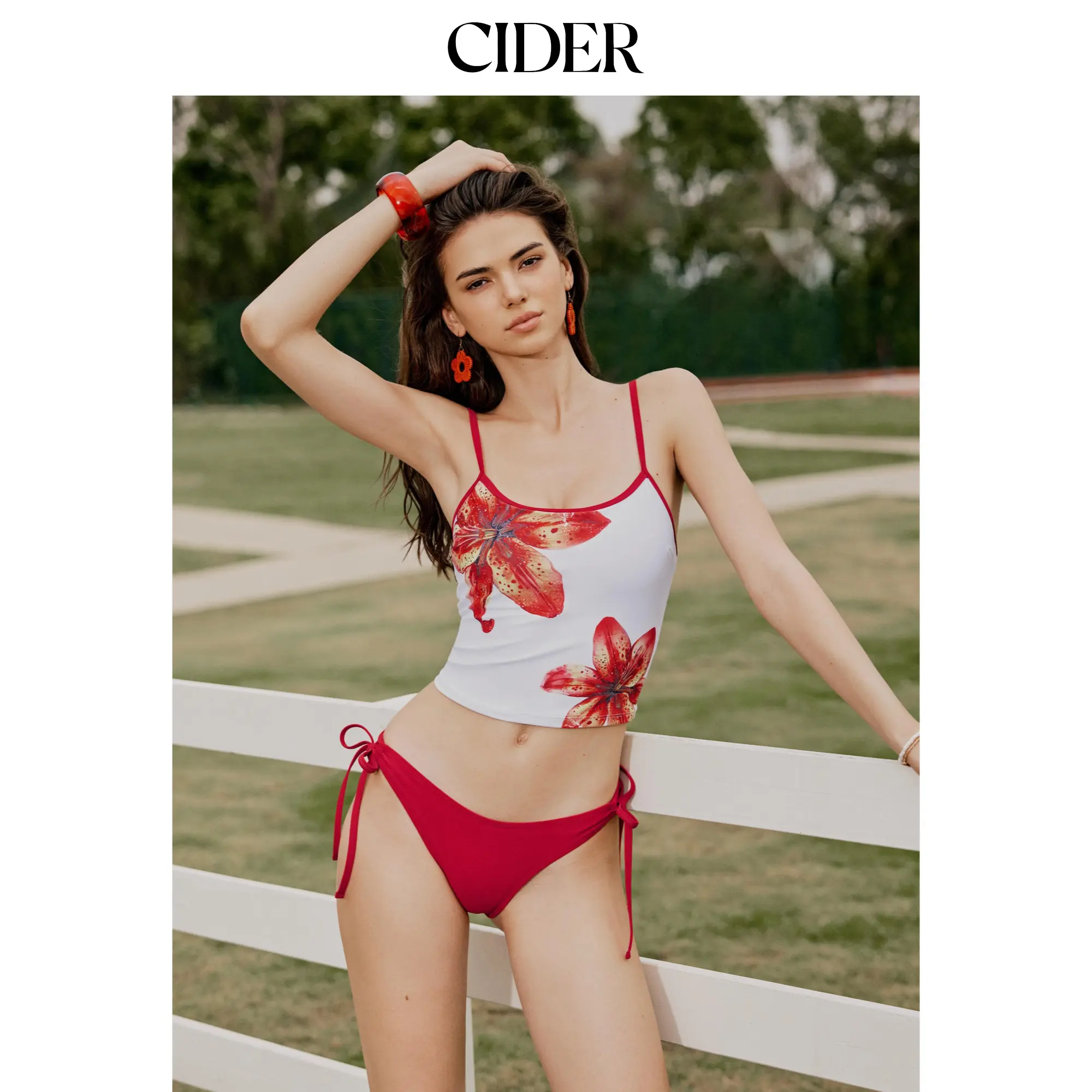 Cider U-neckline Floral Contrasting Binding Tankini Tie Side Bikini Set