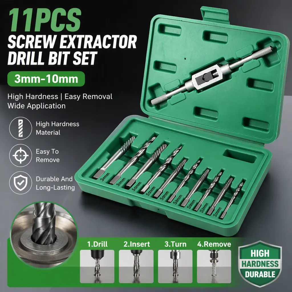 11 in 1 Screw & Bolt Extractor Set, 3mm to 10mm Broken Stud Remover with Tap Wrench, Power Tool Accessories