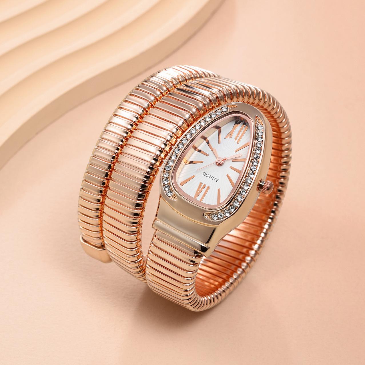 Women's Luxury Gold Snake Bangle Quartz Watch - Wrap Around Wristwatch with Crystal Diamond Bezel, Mother of Pearl Dial, Roman Numerals, Elegant Retro Statement Timepiece, Perfect Gift for Her