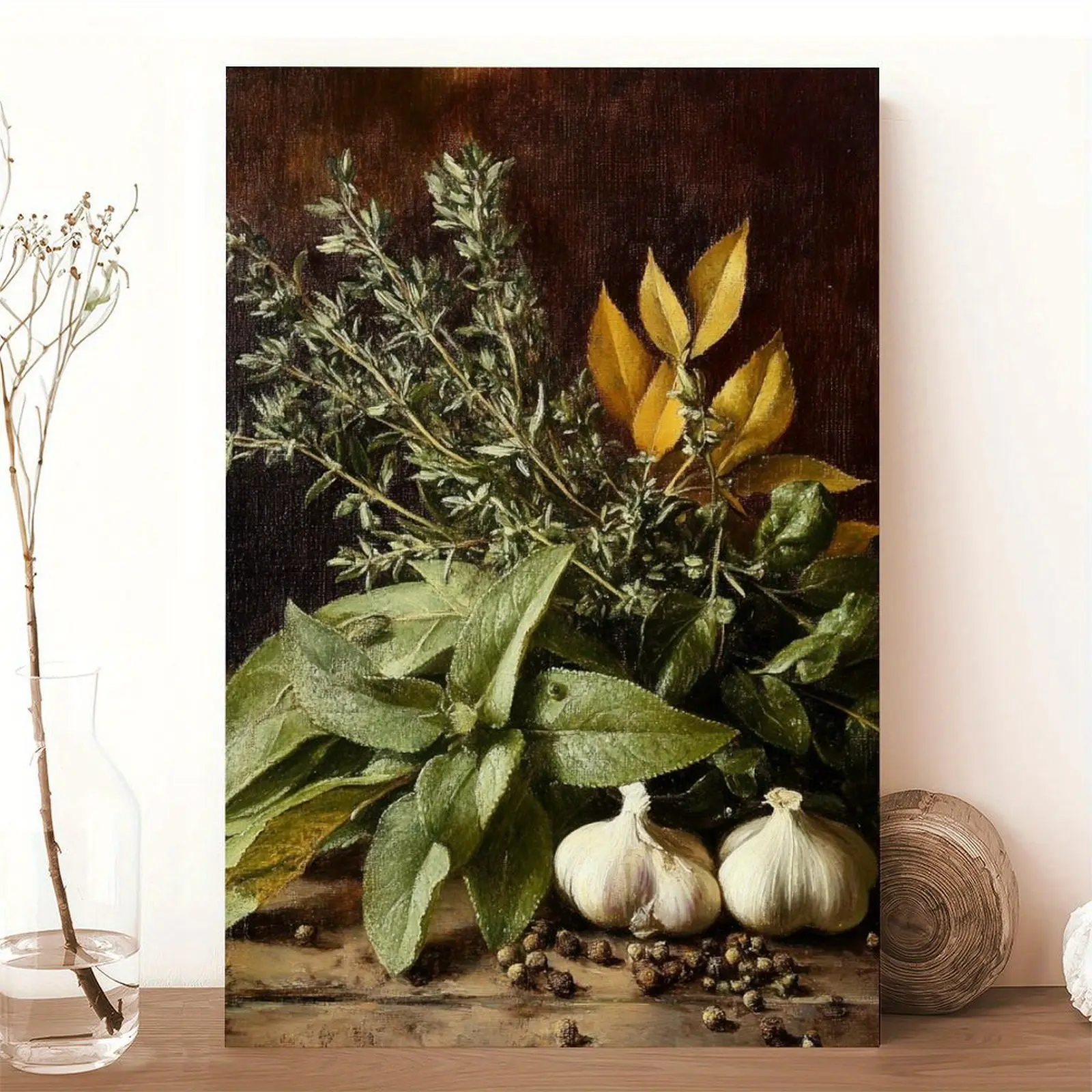 1 piece of modern still life canvas art with wooden frame - herbs, spices, and garlic, perfect for kitchen, dining room, or office wall decoration, an ideal gift for Mother's Day, birthdays, New Year, and Easter, kitchen wall decoration |   Decorative Wal