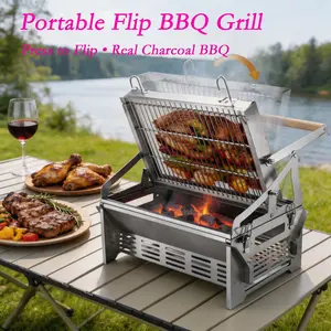 Portable Manual Rotating Grill, Foldable Stainless Steel Mini BBQ, Lightweight and Portable, Ideal for Camping, Picnics, Travel, Outdoor Cooking