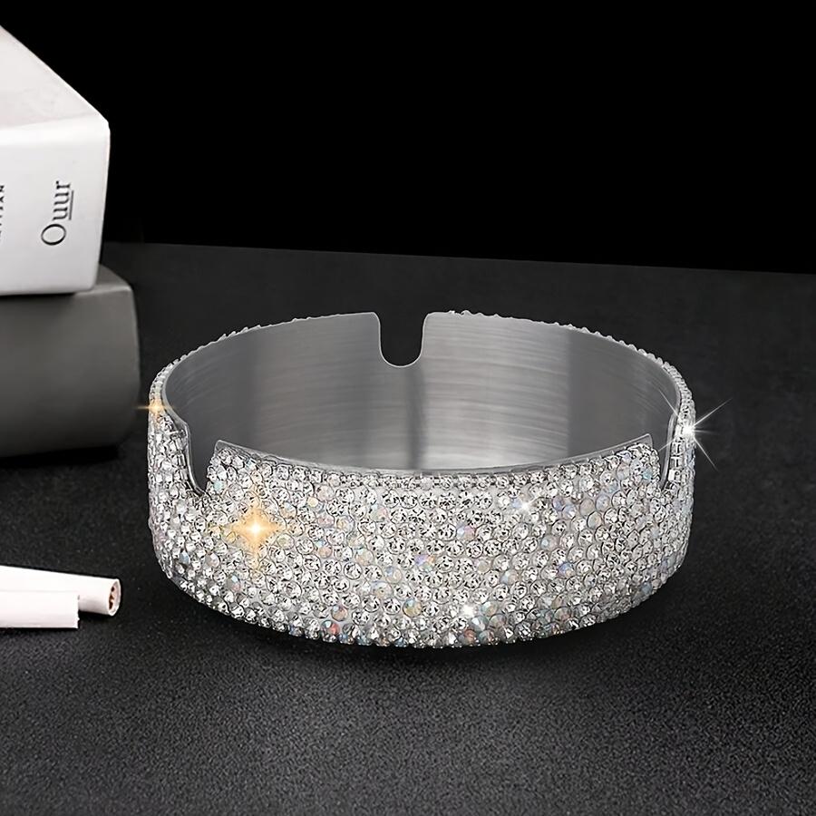 Bling Stainless Steel Ashtray with Rhinestone Design, Decorative Metal Ashtray for Home, Car, Desk and Patio, Luxury Portable Smoking Accessory