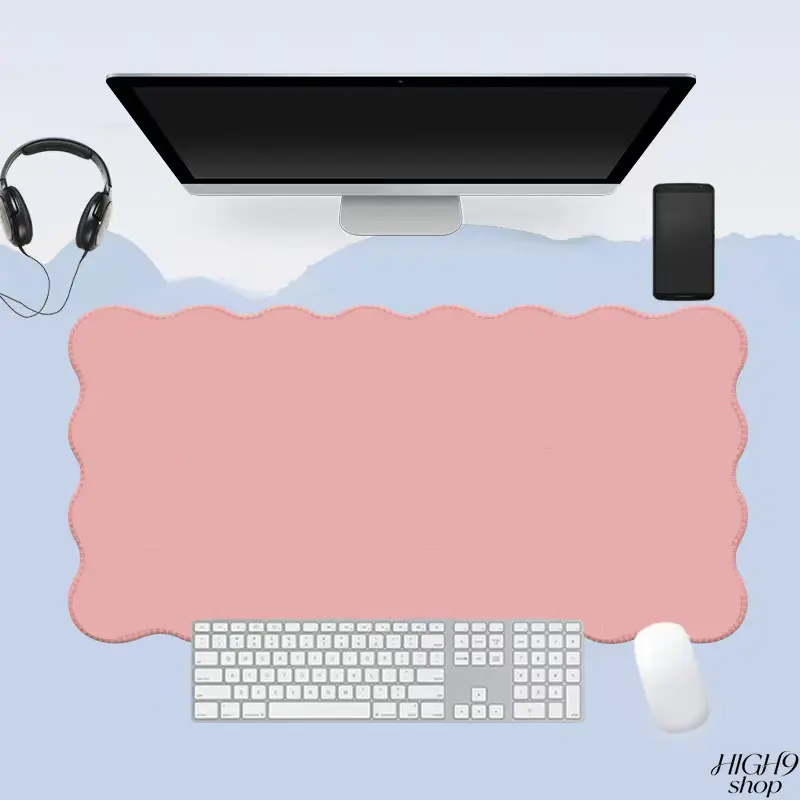 Solid Pink Wavy Scalloped Edge PU Leather Large Desk Pad, Waterproof Non-Slip Extended Mouse Pad, Easy Wipe Clean Desktop Protector for Office Gaming Home, Practical Gift for Students Friends Coworkers