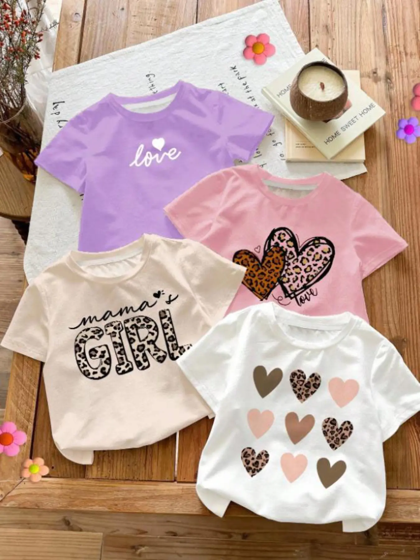 4PCS girls' short sleeved T-shirt set, fashionable leopard print heart and letter printed round neck top, breathable casual T-shirt, suitable for children and girls, sweet color summer daily and play wear