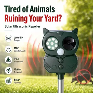 Solar Ultrasonic Animal Repellent Outdoor, Deer Repellent Devices with RIP Motion Sensor LED Flashing Lights, Cat, Raccoons, Skunks, Rabbits Deer Deterrent Outdoor