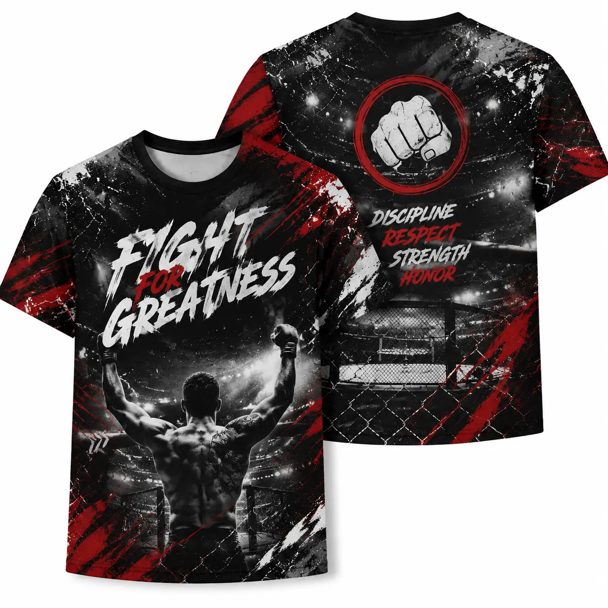 Men’s All‑Over Print Fight Graphic T‑Shirt, Front "Fight For Greatness" Fighter Back View with Cage Background, Back Fist Logo with Discipline Respect Strength Honor Text, Grunge Red Black White Short‑Sleeve Crew Neck Casual Workout Tee
