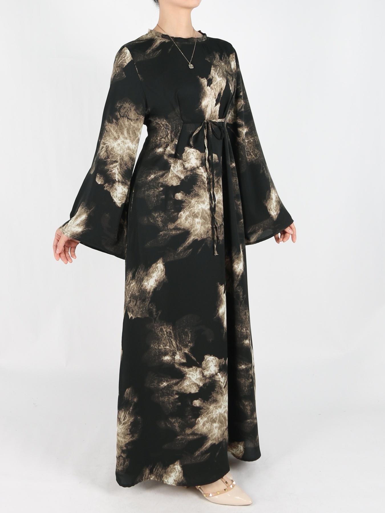 Women's Tie Side Zipper Back Dress, Elegant Long Sleeve Belted Abaya Dress for Daily Wear, Ladies Islamic Clothing for All Seasons