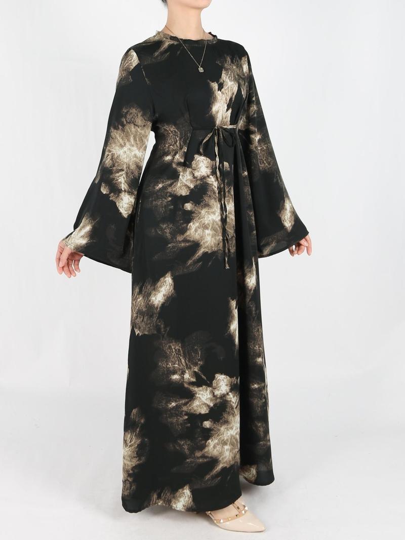 Women's Tie Side Zipper Back Dress, Elegant Long Sleeve Modesty Abaya Dress for Daily Wear, Ladies Islamic Clothing for All Seasons