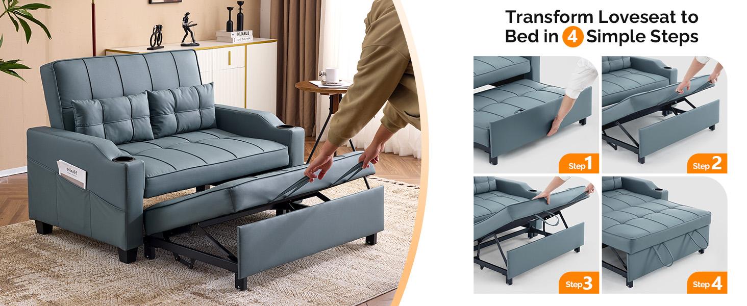 VINGLI Futon Sofa Bed Convertible Loveseat Sleeper Couch, Faux Leather Pullout Sofa Fold Out Couch Bed with USB Ports, Cup Holders, Armrest for Living Room, Bedroom Apartment Room