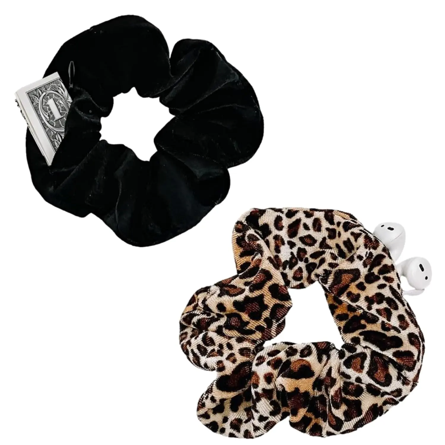 Zipper Scrunchies, Pocket Scrunchie, &,  Hair Ties Bracelet, Compatible with  AirPods Pro 3&2&1, Pouch Storage Bag for Key , Elastics Hair Band (Black&Leopard)