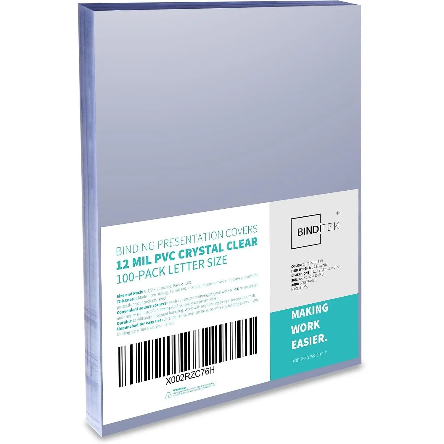 12 Mil PVC Binding Covers, 8.5 x 11 Inches, Clear, 100 Pack