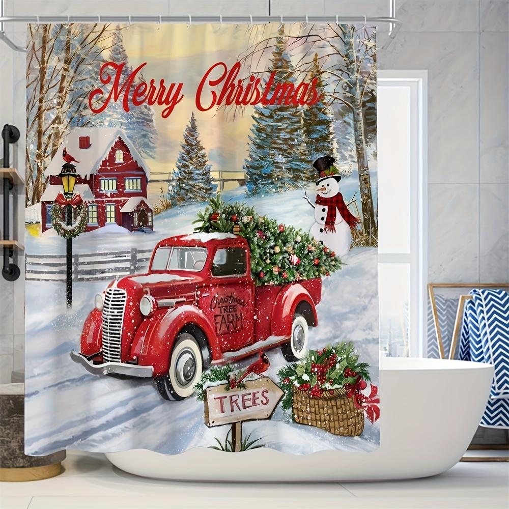 Christmas Themed Bathroom Decorations, 4 Counts/set Including Shower Curtain & Toilet U-shape Mat & Bath Mat & Toilet Lid Cover, Bathroom Accessories