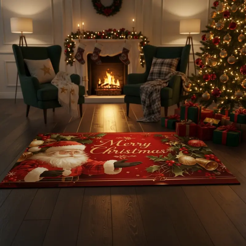 Red Santa Merry Christmas Doormat Golden Holly Bell Non-Slip Washable Entry Rug For Christmas Home Decor