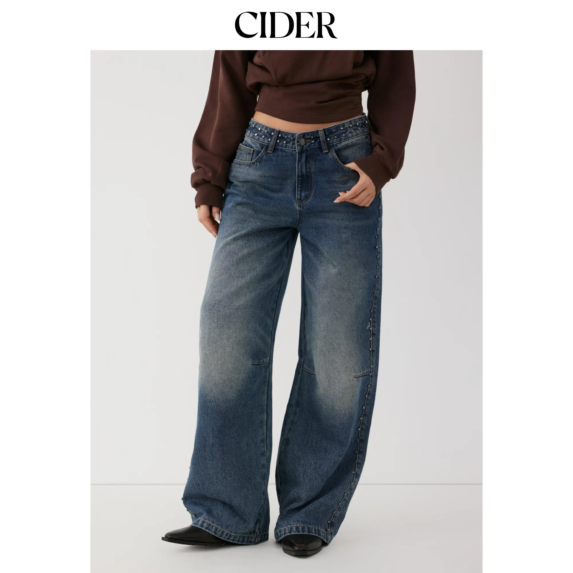 Cider Washed Denim Low Rise Studded Straight Leg Jeans Cider Washed Denim Low Rise Studded Straight Leg Jeans
