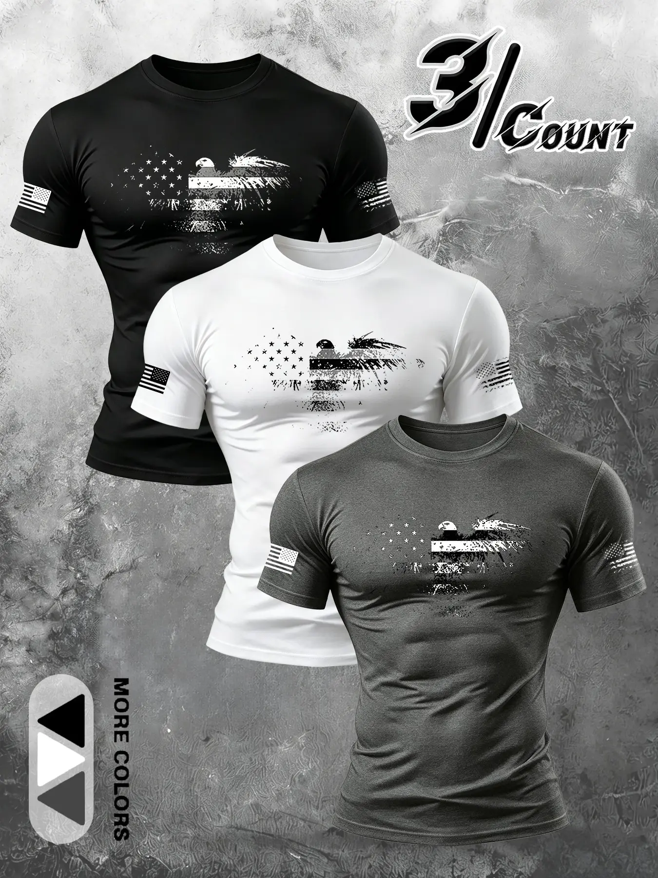 3-Pack Men's Patriotic Eagle Short Sleeve Tees, American Flag Patch Print Street Workout Casual Tops
