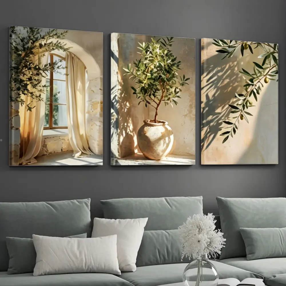 3-Piece Mediterranean Style Decorative Wall Art Canvas Print - Olive Tree & Arched Window Sunlight Scene, High Def Giclee Print on Premium Cotton Canvas, Modern Living Room Sofa Background Wall Decor, Home Decor Gift