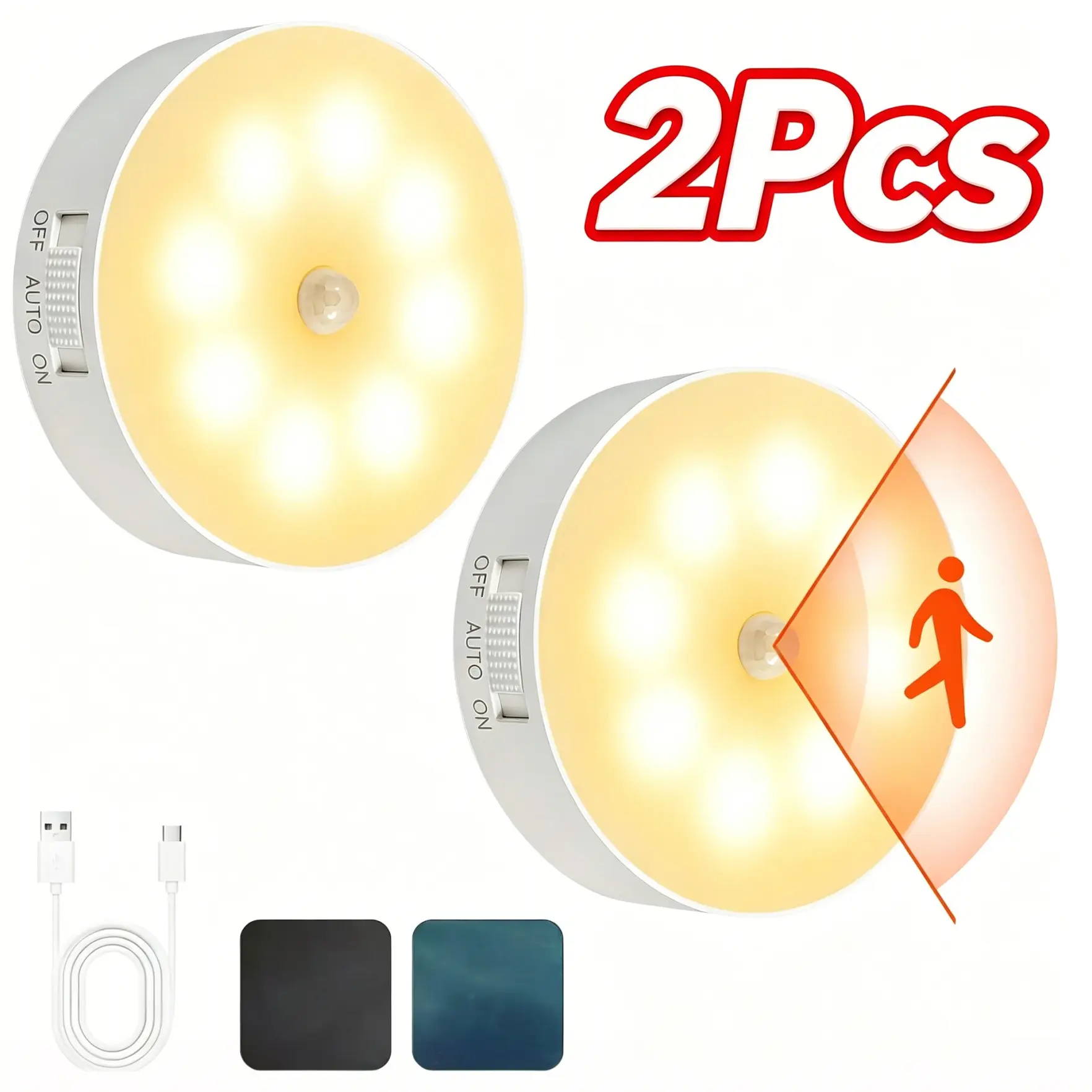 2pcs Motion Sensor Night Light ,USB Rechargeable Portable Wall Sconce, Under Cabinet Lighting, Magnetic Mounting, Rechargeable Stair Lights Indoor, Warm White LED Light, Battery Operated Night Light for Hallway, Stairway, Bedroom, Kitchen