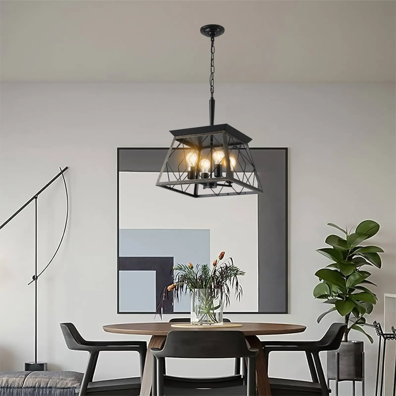 Nokaa 16 Inch Black Gold Industrial 4-Light Pendant Chandelier Modern Metal Cage Hanging Ceiling Light Adjustable Height Chain Farmhouse Retro Lighting for Dining Room Kitchen Living Room No Bulbs, Golden Black Color, Iron Material