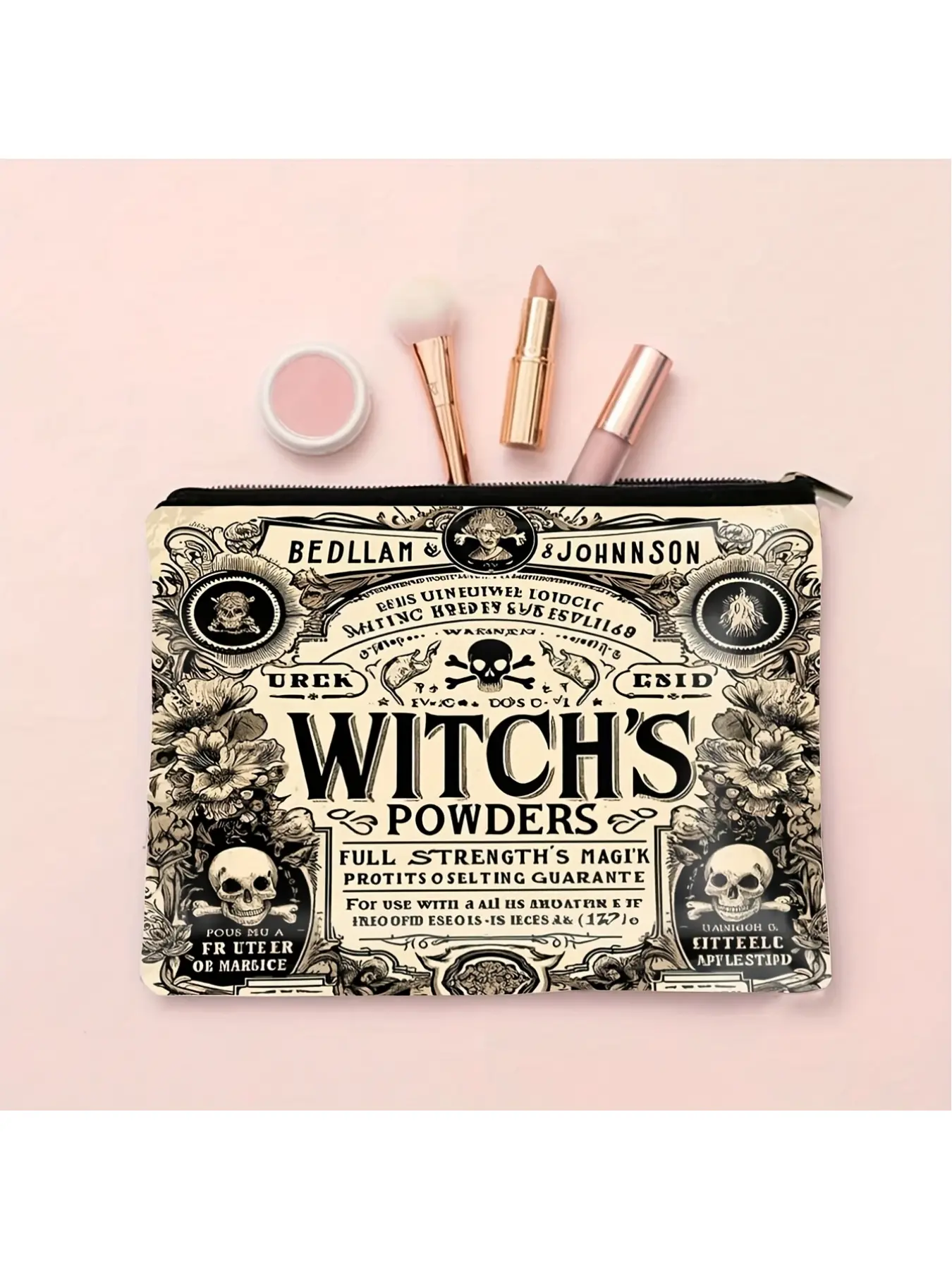 1pc Vintage Witch Makeup Bag - Gothic Witchy Organizer with Potion-like Floral patterns, Compact Travel Cosmetic Case for Women, Birthday/ Halloween Gift - Durable Polyester Makeup Pouch, Mystical Theme Design, Intricate Illustrations, School Supplies, Hi
