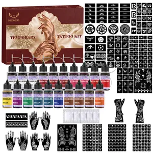 DIY henna temporary tattoo full kit contains 20-color ink bottles & reusable hollow henna stencils. Smooth long-lasting mild pigment for women and girls, create delicate hand & body art for festivals, parties and weddings.