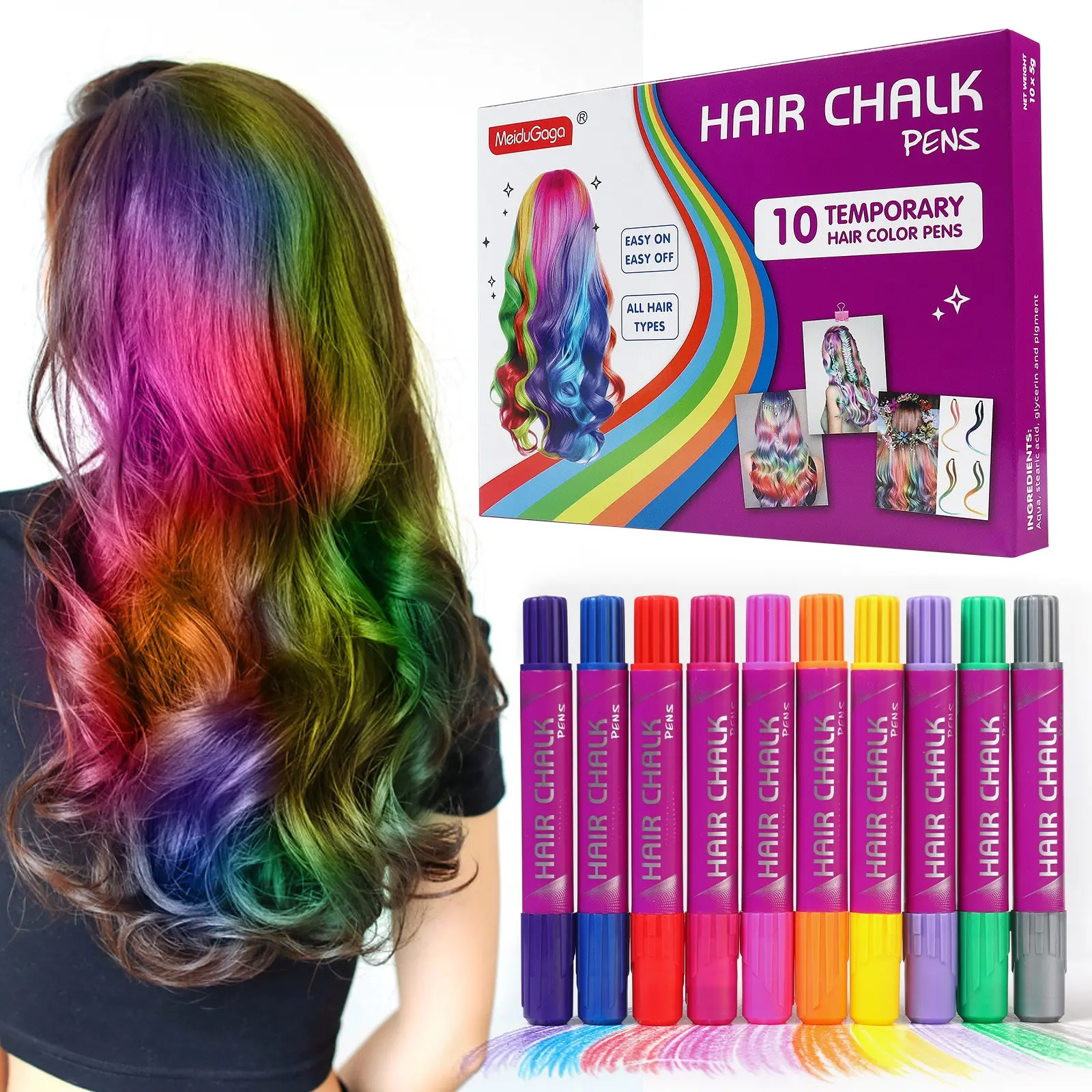 10 Colors Vibrant Temporary Hair Chalk Pens, Non-Toxic Washable Easy Clean Hair Color Dye Sticks, Safe Hair Makeup for Kids, Girls, Teens and Adults, Ideal for Halloween, Cosplay, Birthday Party, Carnival Festival & DIY Hairstyle