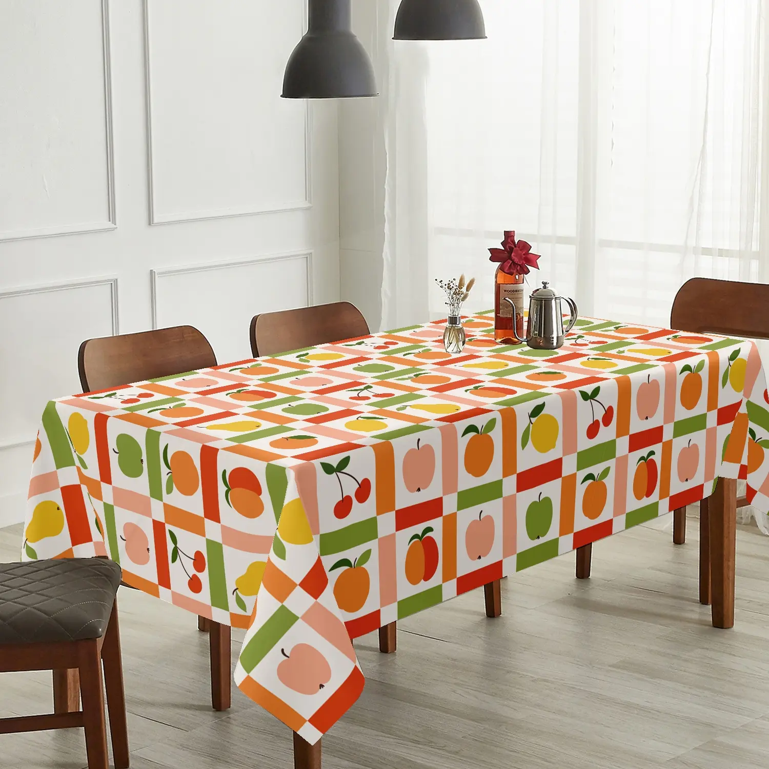 Kawaii Retro Fruit Grid Patchwork Tablecloth Mod Peach Cherry Pear Design. Vibrantly colored cute checkered pattern table cover. Perfect for summer picnics kitchen dining room breakfast table decor
