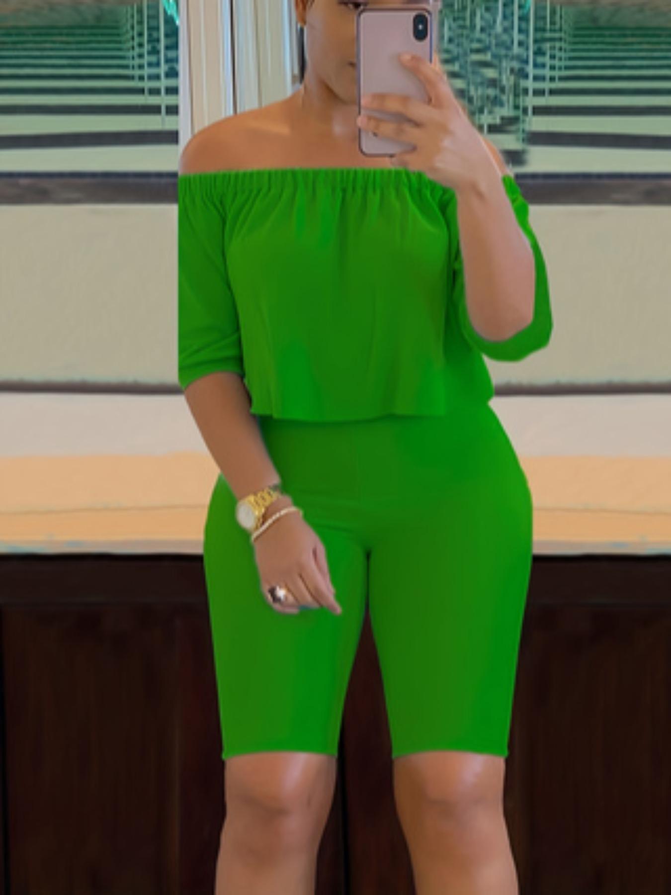 Women's Solid Jersey Ruched Off Shoulder Crop Top & Elastic High Waist Shorts Set, Casual Fashion Half Sleeve Top & Fitted Skinny Shorts, Ladies Summer Clothes